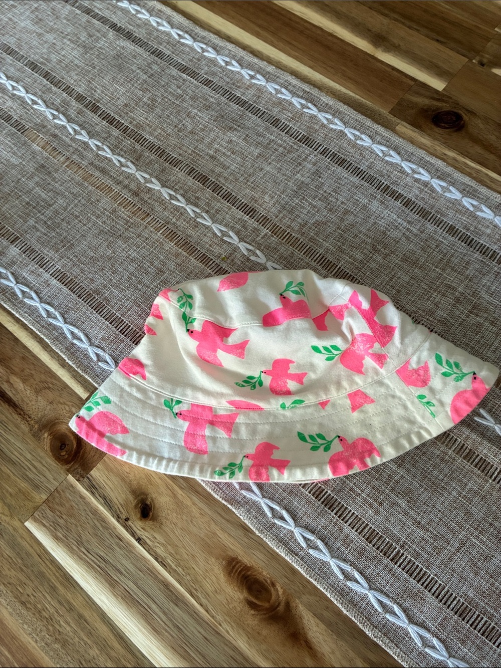 Kids Cream Bucket Hat with Pink Bird and Green Leaf Print
